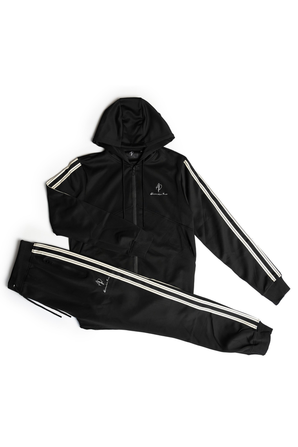 Alexandre Pace Signature Luxe Black Tracksuit with Elegant White Stripe Accents