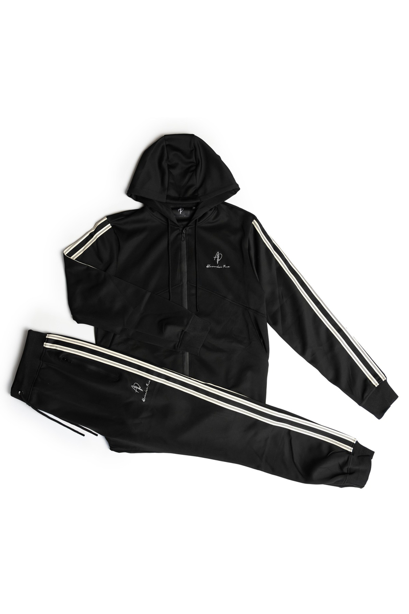 Alexandre Pace Signature Luxe Black Tracksuit with Elegant White Stripe Accents