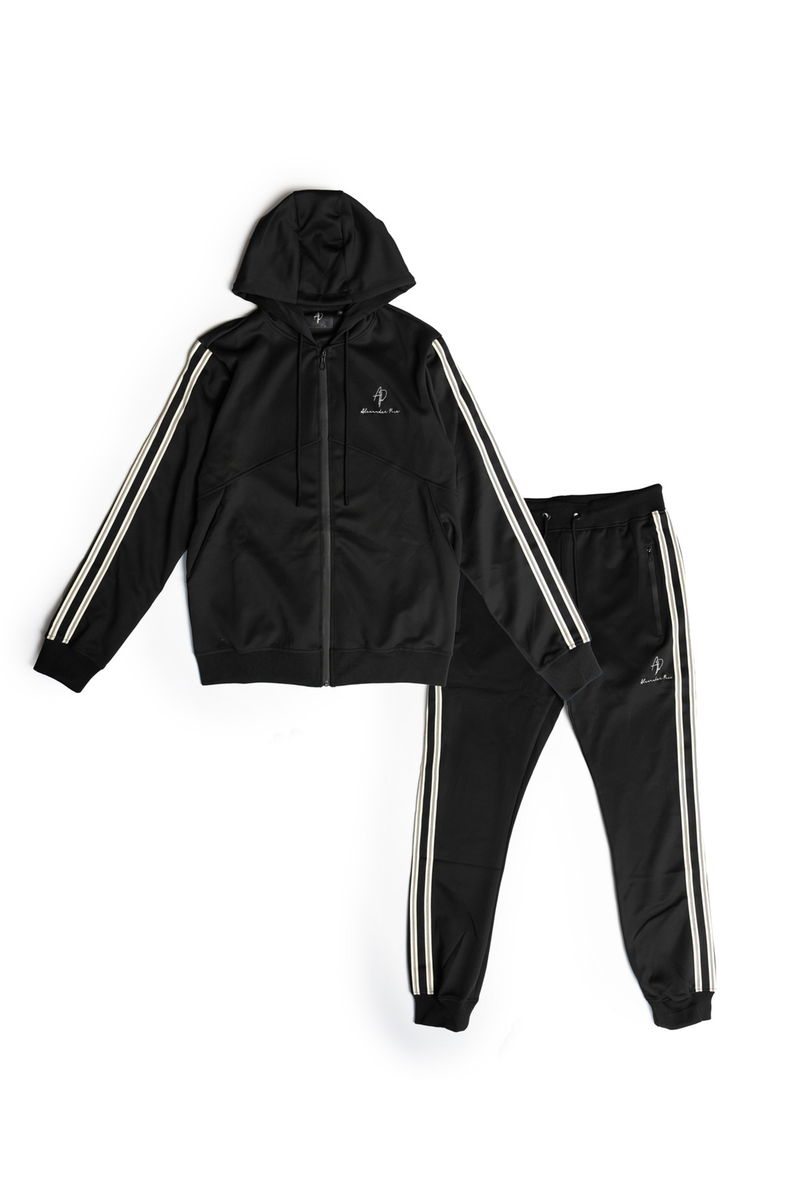 Alexandre Pace Signature Luxe Black Tracksuit with Elegant White Stripe Accents