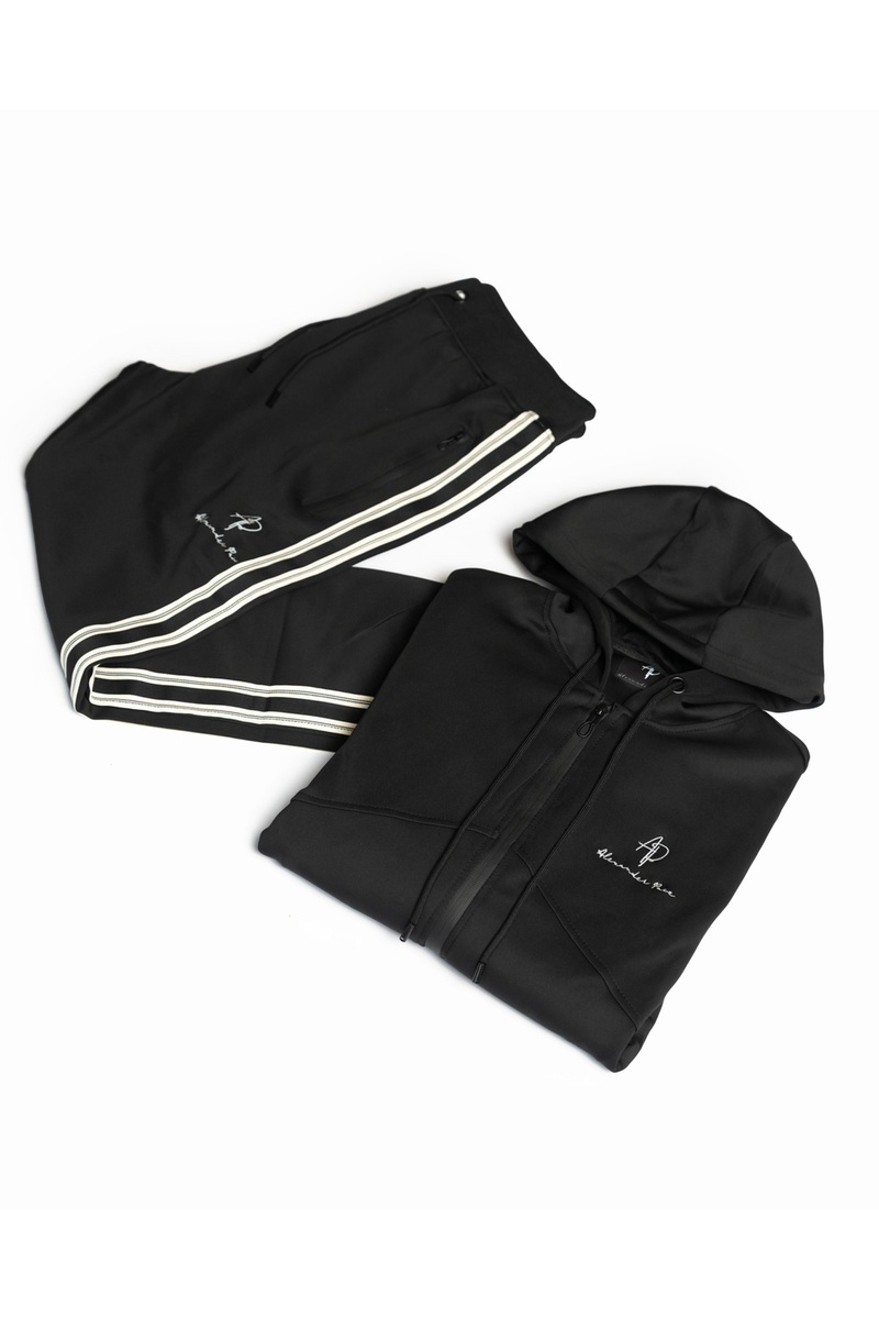 Alexandre Pace Signature Luxe Black Tracksuit with Elegant White Stripe Accents