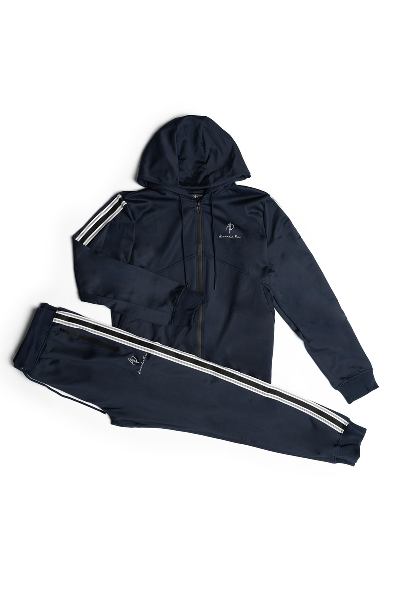 Alexandre Pace Signature Luxe Black Tracksuit with Elegant White Stripe Accents