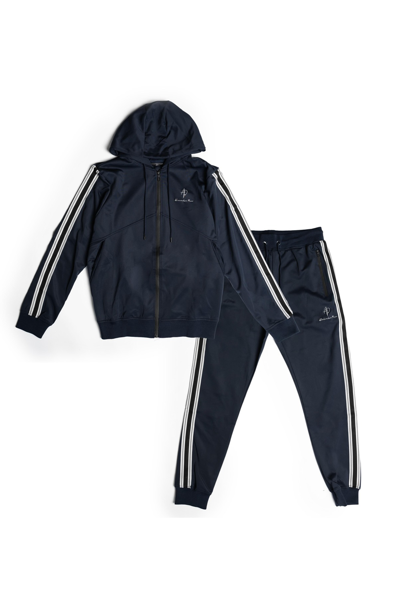 Alexandre Pace Signature Luxe Black Tracksuit with Elegant White Stripe Accents