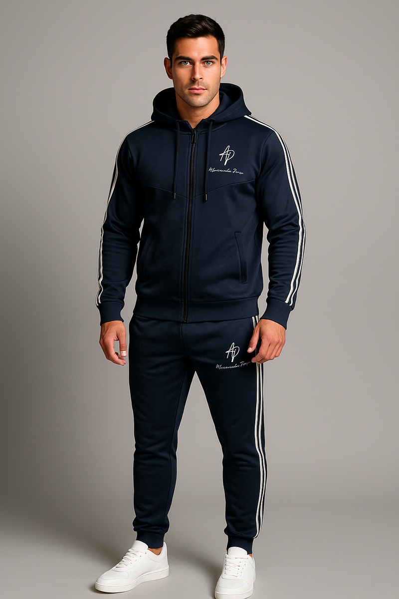 Alexandre Pace Signature Luxe Black Tracksuit with Elegant White Stripe Accents
